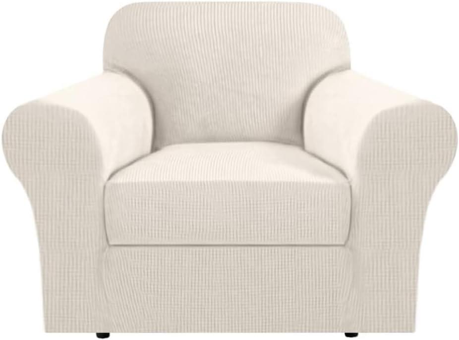 H.VERSAILTEX Stretch Armchair Slipcover 2 Piece T Cushion Chair Covers for Living Room Furniture Cover Suit for Box Cushion, Spandex Jacquard Fabric Small Checks(Armchair-Oversized, Ivory)
