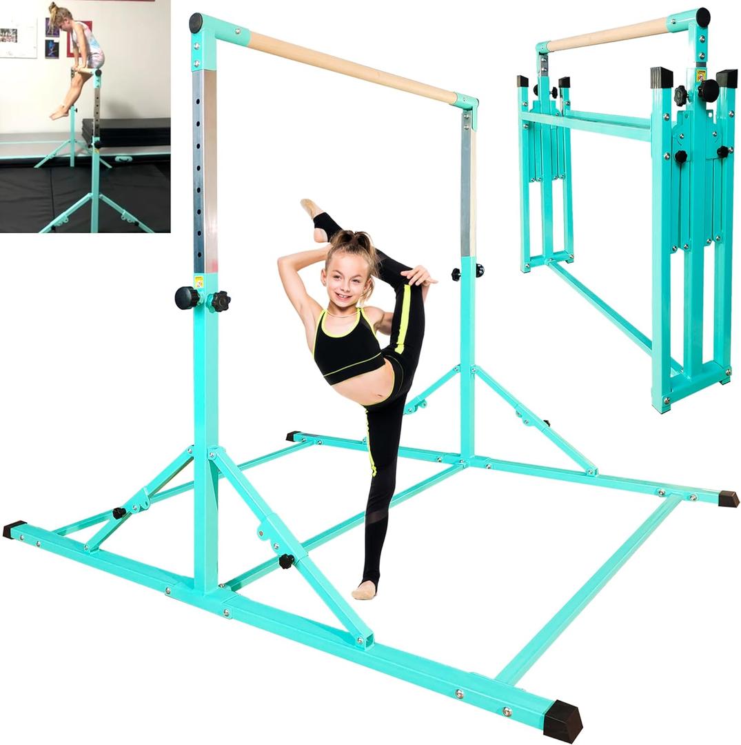 PreGymnastic Foldable Gymnastics Bar, 6FT Horizontal Bars, Folding Training Bar for Kids Ages 3-18, Weight Limit 500 LB, Adjustable kip Bar,Home Gym Equipment Indoor (Teal)