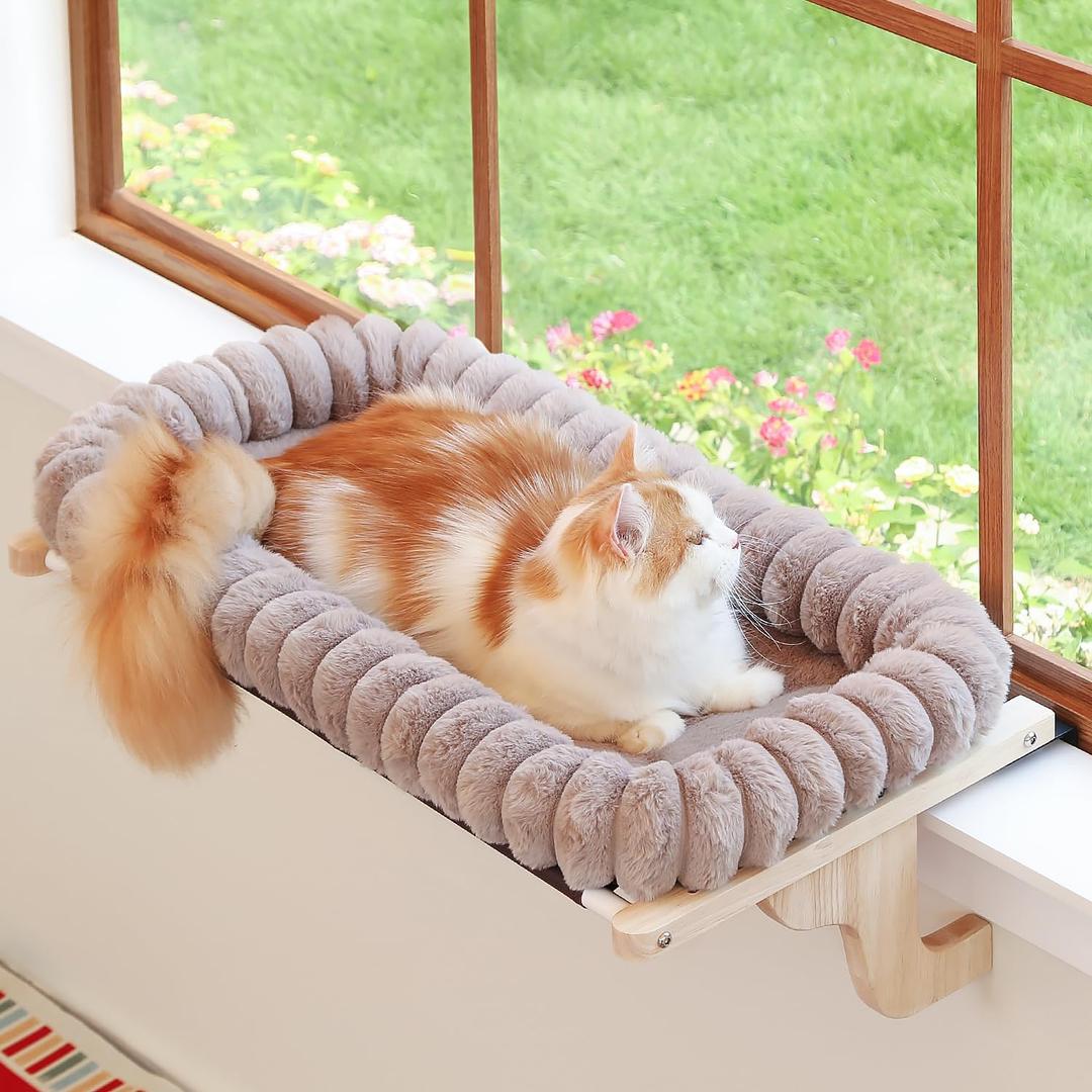 Zakkart SnugCloud Cat Window Perch with 4-Sided Bolster - Orthopedic Cat Hammock for Window Sill - Solid Hardwood & Metal Frame - Window Seat for Pets (Natural Color Wood w/Brown Bed, Large) (Large (25"x15"))