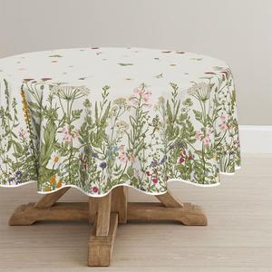 Horaldaily Spring Summer Tablecloth 90x90 Inch Round, Wild Flowers Floral Table Cover for Party Picnic Dinner Decor (Beige)