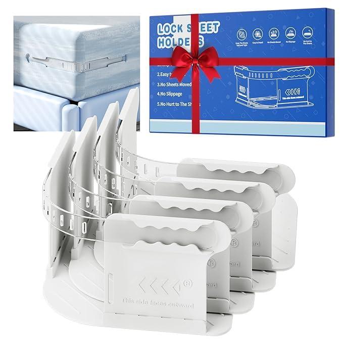 Bed Sheet Holders for Corners, Heavy Duty Fitted Sheet Holder with Lock Fastener Straps &Anti-Slip Pads Keep Sheets Firm&Tight, No More Loose Sheets, Easy Installation for Any Mattress Sizes(Set of 4)