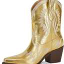 Western Boots for Women Metallic Embroidered Pointed Toe Cowgirl Boots Chunky Heel Pull-On Short Cowboy Boots Wide Calf Country Ankle Boots (8)