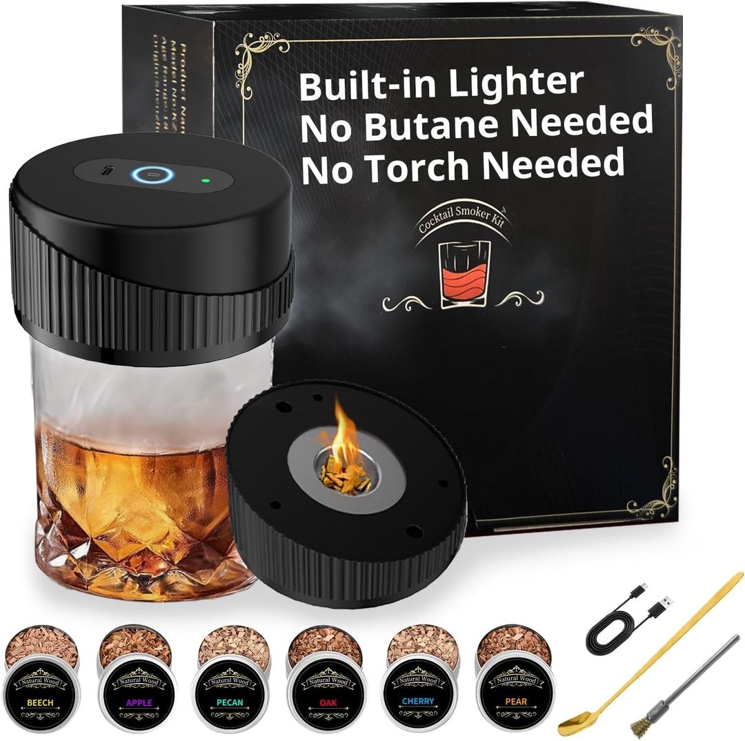 Electric Whiskey Smoker Kit with 6 Wood Chips, Smoker for Old Fashioned Cocktails Built in Electric Lighter, No Butane Needed, Cocktail Smoker Kit Gifts for Cocktail Lovers Friends Birthday