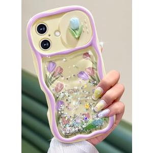 Toycamp for iPhone 16 Plus Case 6.1 Inch- Women Girls Cute Flower Tulip with Sliding Camera Cover Girly Glitter Pretty Kawaii Bling Design Flowing Liquid Quicksand Cover for iPhone 16 Plus Phone Case