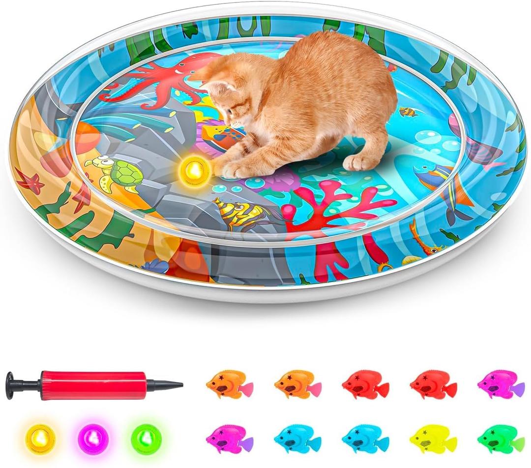 Cat Dog Water Mat with 3PCS Multi-Color Lights [ Newly Upgraded, 2 Layers Thickened Pet ] Anti-Scratch Leak Proof, with Floating Fish for Indoor and Outdoor Cat Dog Toys (Octopus & Light)