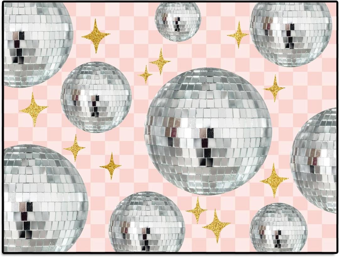 Nuanchu Disco Ball Classroom Area Rug 6.56 x 4.92 Ft Pink Checkerboard Educational Area Rug for Kids Room Pink Base Pastel Play Carpet Shine Disco Ball Star School Carpets for Teaching and Playroom