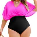 Jolefille Plus Size One Piece Swimsuit for Women Modest Tummy Control Bathing Suit Mesh Sleeve Flattering Slimming Swim Suits XL