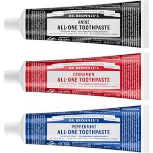 Dr. Bronners All-One Toothpaste 3-Pack Variety (Peppermint, Cinnamon, Anise, 5oz Each) 70% Organic Ingredients, SLS Free Toothpaste, Fluoride Free, Natural, Vegan, Gentle for Sensitive Teeth