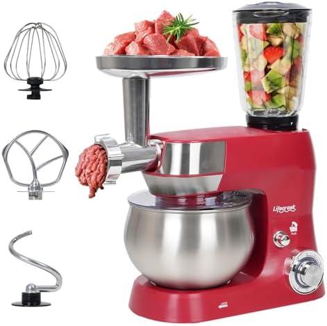 Lifecreek 6-in-1 Multifunctional Stand Mixer, Electric Kitchen Mixer with Stainless Steel Bowl,Meat Grinder, Juice Blender (Red)