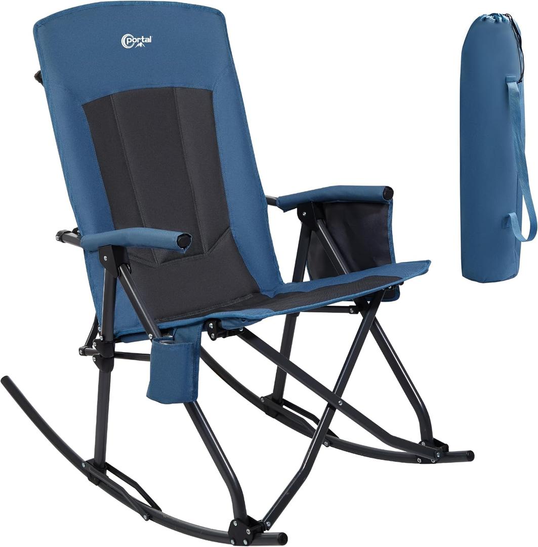 PORTAL Oversized Folding Rocking Camping Chair Portable Outdoor Rocker with High Back Hard Armrests Carry Bag, Supports 400 lbs (1p-fabric Blue)