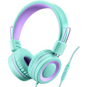POWMEE P10 Kids Headphones with Microphone Stereo Headphones for Children Boys Girls,Adjustable 85dB/94dB Volume Control Foldable On-Ear Headphone with Microphone for School/PC/Cellphone(Green)