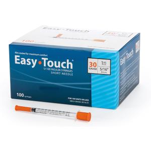 Easy Touch 30 Gauge U-100 Insulin Syringes (30G 1cc 5/16) with 5/16 Short Needle, 1cc (100 Unit Capacity), Bold Markings for Accurate Dosing, Disposable, Box of 100