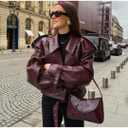 THLAI Womens PU Leather Jacket Long Sleeve Retro Collar Motorcycle Jacket Casual Coat (Purple) L
