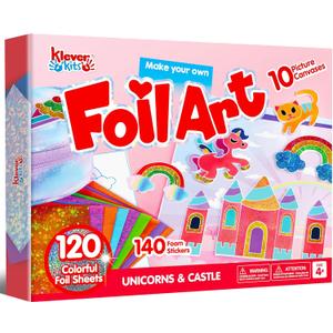 Klever Kits Foil Art Kit for Kids - Arts & Crafts Supplies, Mess Free Coloring, Foil Foam Stickers, Creative Travel Toys, Birthday Gifts for Boys & Girls Ages 4 and Up