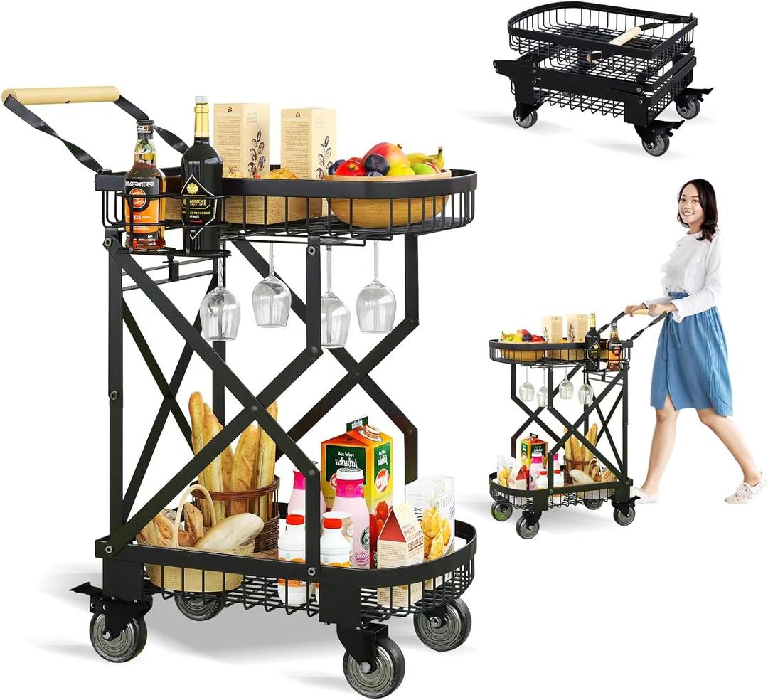 2-Tier Foldable Shopping Cart with Wheels for Groceries, Grocery Store Cart with 360 Rolling Swivel Wheels, Heavy Duty Folding Utility Cart for Camping Gear, Traveling, Laundry, Garden, Pantry