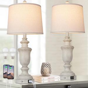 Cinkeda Farmhouse Table Lamps Set of 2 with USB Charging Port for Rustic Living Room Retro Bedroom,3-Way Dimmable Touch Lamp Resin Bedside Lamps for Nightstand Side End Table,Color 2 (Cream)