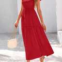 KIRUNDO Smocked Summer Dresses for Women 2025 Wedding Guest Midi Flowy Ruffle Short Sleeve Square Neck Tiered Sundress (Red, L)