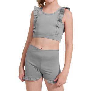 Girls 2 Piece Outfits Athletic Ruffle V Crossover High Waisted Dance Shorts with Training Bra Crop Tank 3-10Years (4-5T, Grey)