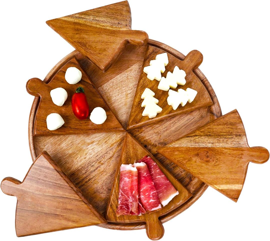 Pizza Serving Board - Wooden Serving Tray 12' Inch Dia - 6 Individual Charcuterie Boards and a Pizza Plate. The Ultimate Pizza Serving Tray Experience.