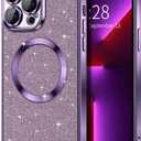 Hython for iPhone 14 Pro Max Case Glitter, Clear Magnetic Phone Cases with Camera Lens Protector [Compatible with MagSafe] Bling Sparkle Plating Soft TPU Slim Shockproof Protective Cover WomenPurple