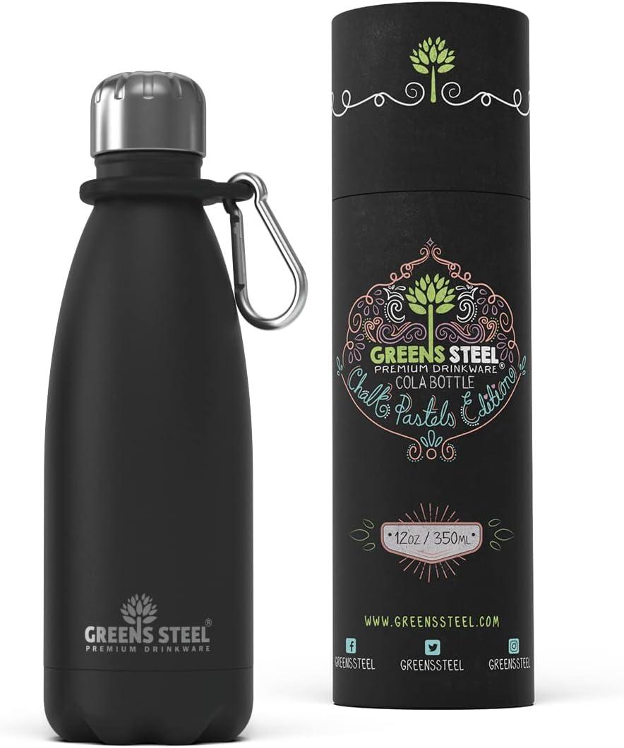 Greens Steel Stainless Steel Water Bottle - 12 oz, Black | Vacuum Insulated Double Wall with Screw Lid/Leak Proof | Thermal Travel Sports Canteen Coffee Flask