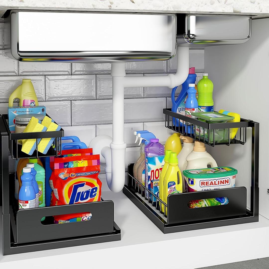 REALINN Under Sink Organizer, L-Shaped 2 Tier Pull Out Cabinet Organizer for Kitchen and Bathroom, Slide Out Under Cabinet Storage, Metal Under Sink Storage with Sliding Drawer, 50 lbs, Black 2 Pack