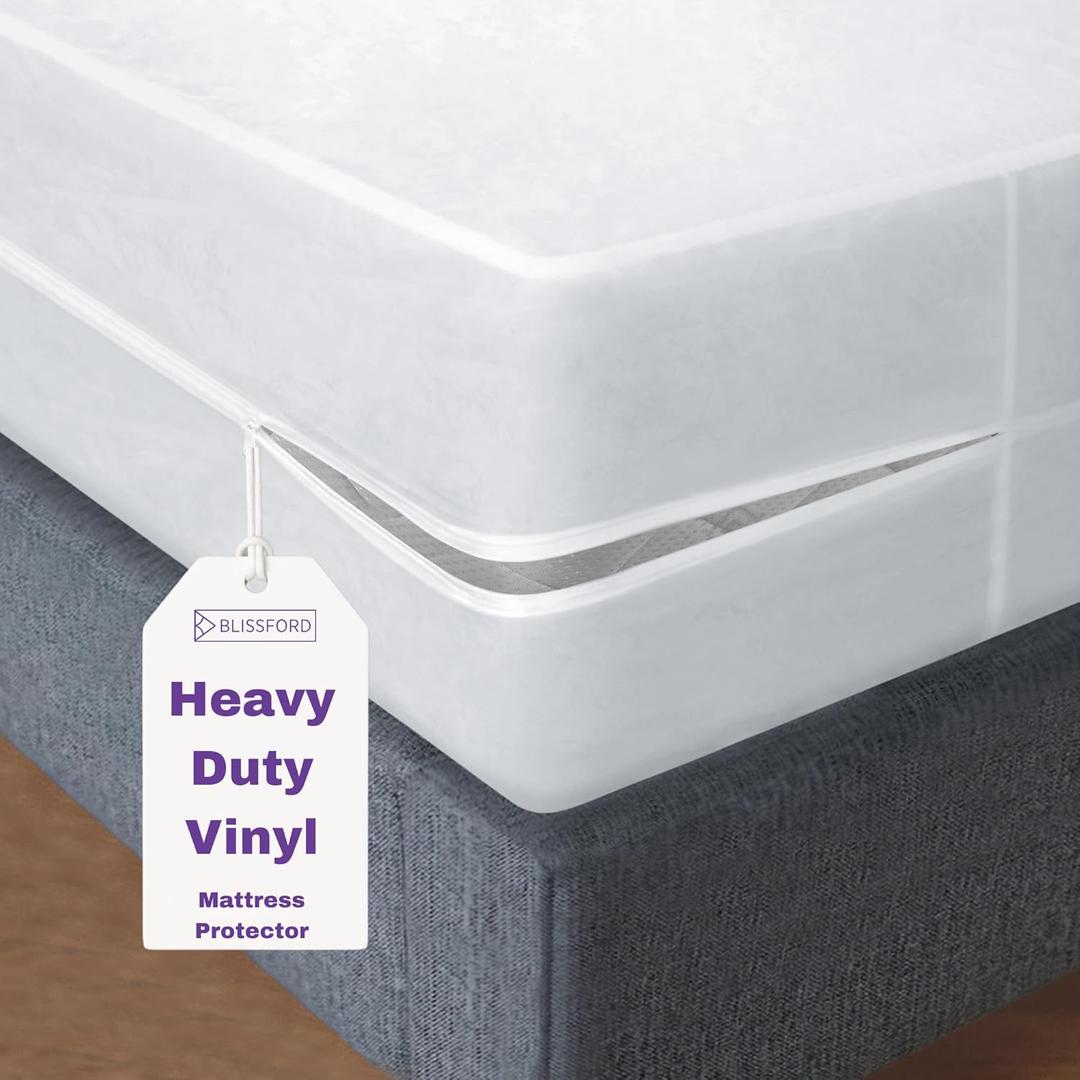 BLISSFORD Plastic Mattress Protector Zippered Queen, Waterproof Vinyl Mattress Cover, Heavy Duty Noiseless Mattress Encasement (Queen - 9" Drop (60"x80" X 9").)