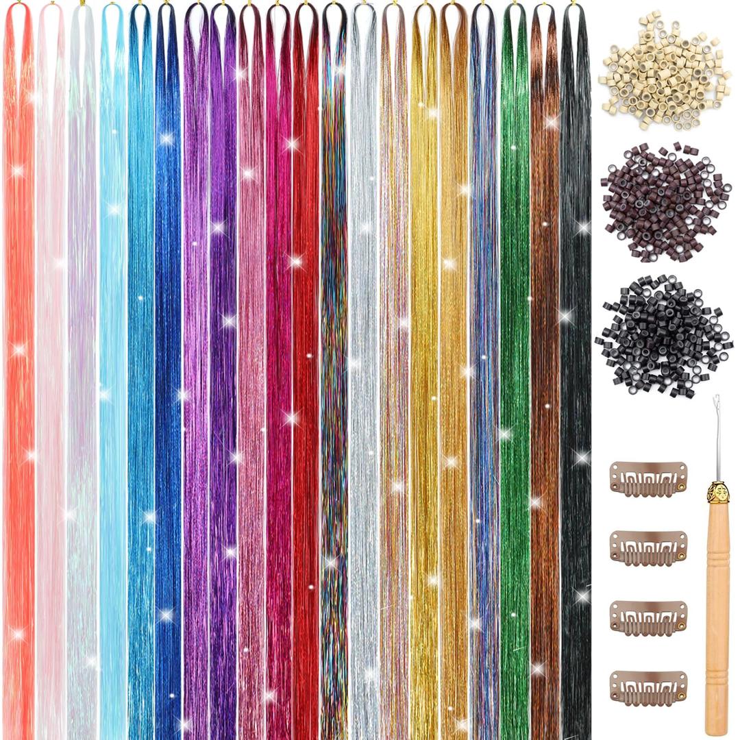 Hair Tinsel, 20 Colors 8800 Strands Fairy Hair Tinsel Heat Resistant 48 Inches Glitter Tinsel Hair Extensions Highlights Sparkling Hair Tinsel Kit for Girls Women Hair Accessories Party Festival