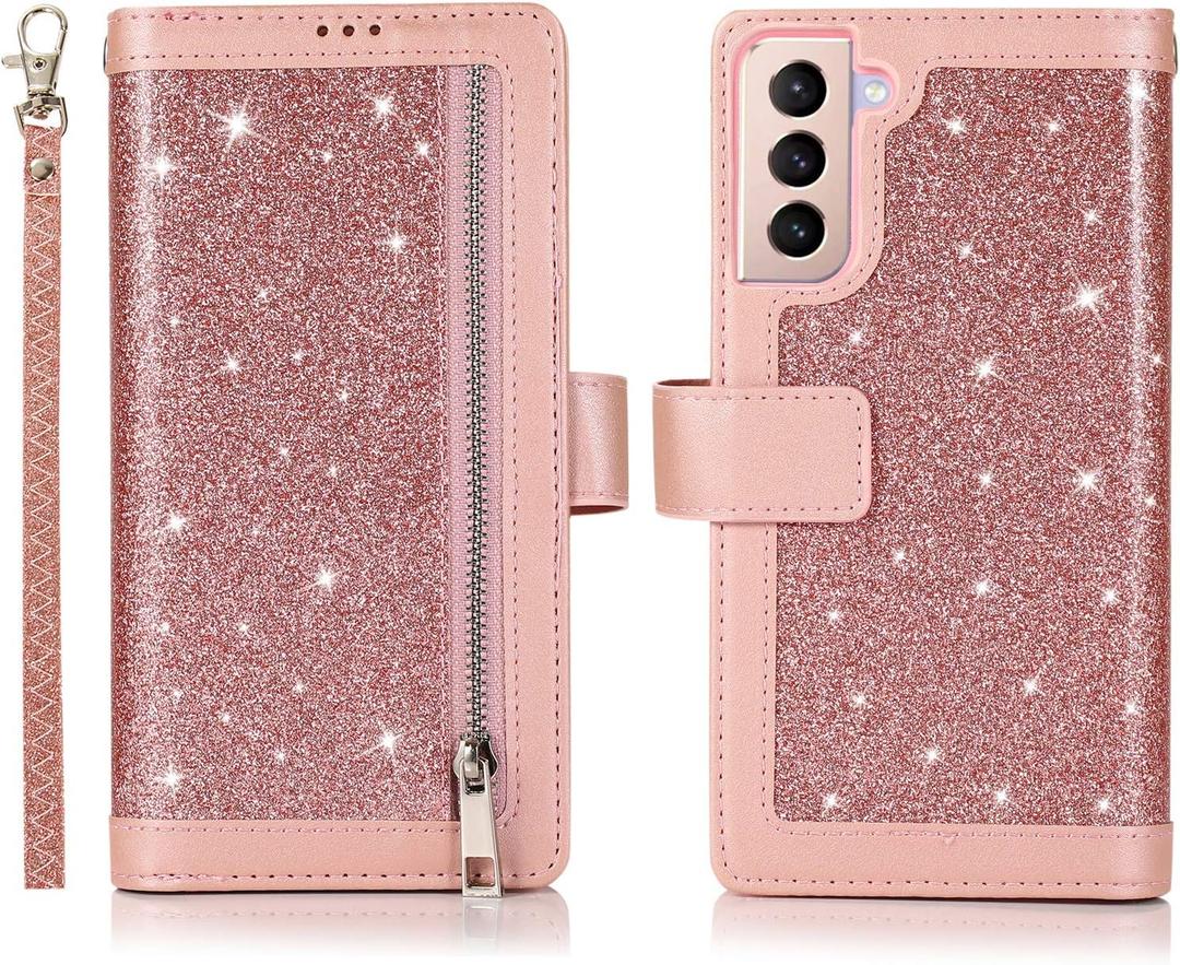 EYZUTAK Wallet Case for Samsung Galaxy S21 FE, Magnetic Handbag Zipper Pocket PU Leather Flip with 9 Card Slots and Wrist Strap Folio TPU Inner Stand Case - Rose Gold