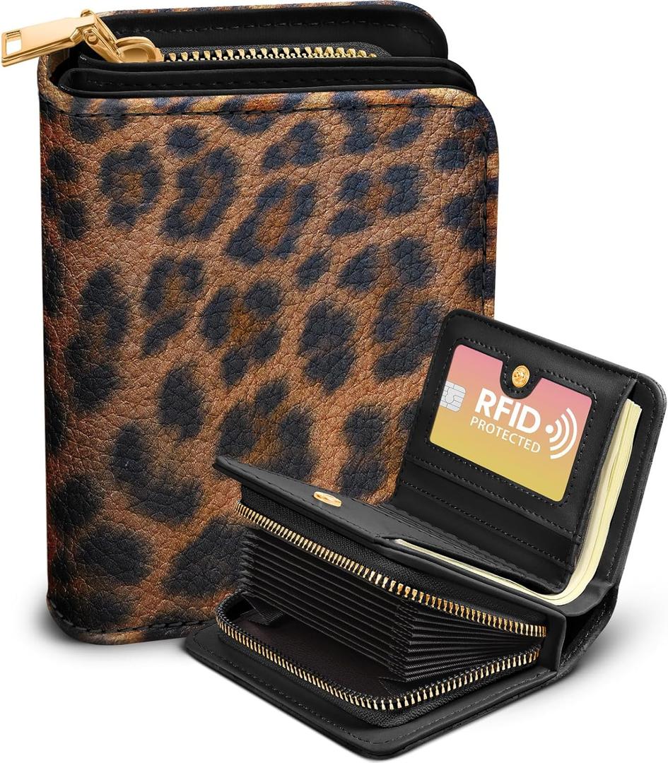 Bistup Credit Card Holder Wallet for Women Cute Leather Ladies Teen Girls Female Cardholder Wallets Accordion Purse Small Medium Aesthetic Print Leopard Modern Design Rfid Zipper Around