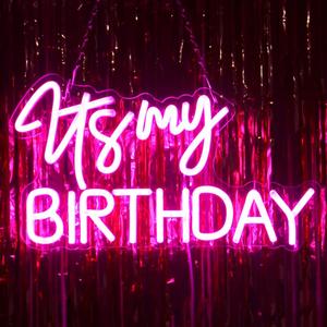 Planzo It's My Birthday Led Neon Light Sign Happy Birthday Party Wall Sign Decor Window Background Sign USB Bedroom Living Room Neon 5V Night Light Kids 15.8" X 9.1" Pink