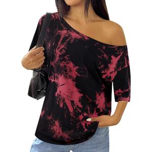 SOFIA'S CHOICE Women's Off The Shoulder Tops Half Sleeve Tie Dye T-Shirts Loose Fit Casual Summer Blouse Red Black Medium (M)