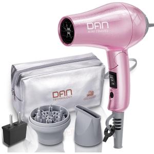 DAN Technology Travel Hair Dryer,Dual Voltage HairDryer,Mini Blow Dryer with Concentrator,Small Hair Dryer with Diffuser,European hairdryer with European Plug,Pink Blow Dryer for Women