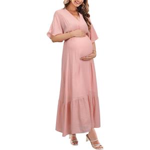 STYLEWORD Women's 2026 Summer Maternity Dress Short Sleeve V Neck Tiered Boho Flowy Long Maxi Dress (Pink, M)