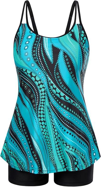 Hanna Nikole Women's Tankini Swimsuits Two Piece Tummy Control Bathing Suit Modest Swim Top with Shorts Plus Size Swimwear, Blue Ripples Large