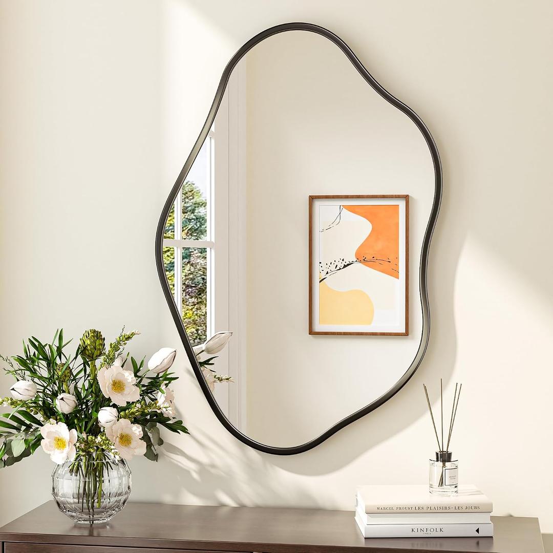 Keonjinn Black Irregular Mirrors for Wall 24" x 36" Inch, Asymmetrical Metal Frame, Tempered Glass Decorative Mirror for Bathroom, Bedroom, Living Room, Entryway(Horizontal/Vertical)