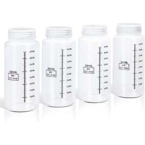 DEMORA Plastic Bottles with Airtight Caps 16oz/500ml, Food Grade Wide Mouth Liquid Containers, Reusable PP Graduated Plastic Bottles for Water Sample Lab Reagent Liquids Mixing (Clear, 4 Pcs)