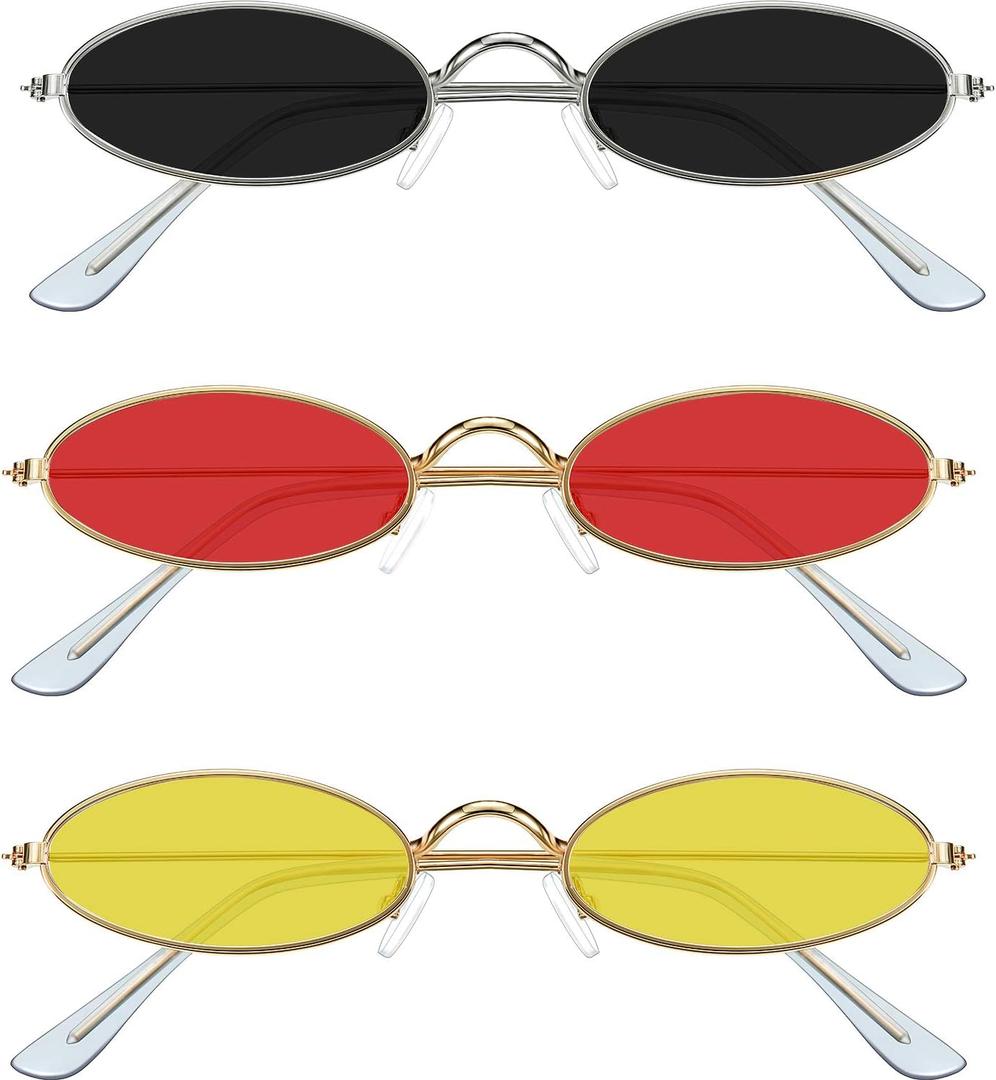 3 Pieces Vintage Oval Sunglasses Retro Slender Metal Frame Oval glasses Small Vintage Sunglasses Candy Colors for Men Woman (Grey Lens, Red Lens, Yellow Lens)