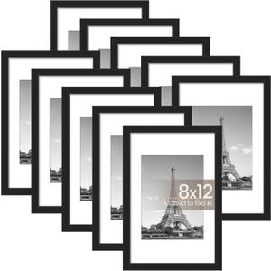 upsimples 8x12 Picture Frame Set of 10, Display Pictures 6x8 with Mat or 8x12 Without, Multi Photo Frames Collage for Wall or Tabletop Display, Black