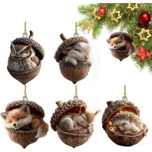 5PCS Forest Animal Acorn Ornaments Cozy Forest Christmas Ornaments, Woodland Creature Hanging Ornament, Pine Cone Animal Decoration, Acrylic Hanging Ornament Home Party Dcor (2D Flat)