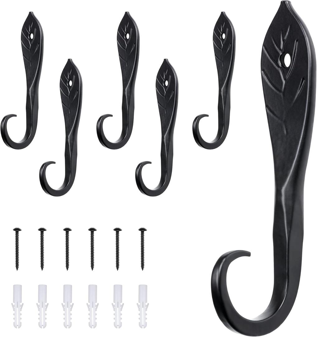 Worth Garden 6-Pack 5"x2" Hanger Hooks - Hand-Forged Wrought Iron Powder-Coated Heavy Duty Wall Hooks - Black Leaf-Shaped Hanging for Plants, Bird Feeders, Lights, Indoor & Outdoor Use