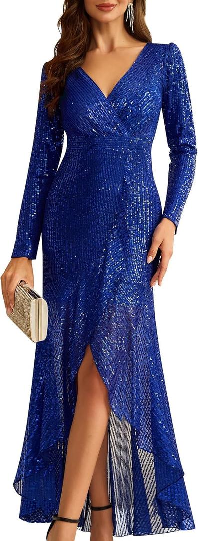 Women's Long Sequin Formal Dresses Long-Sleeve Cocktail Wedding Guest Dresses Elegant V Neck Party Gowns (Blue-t36)