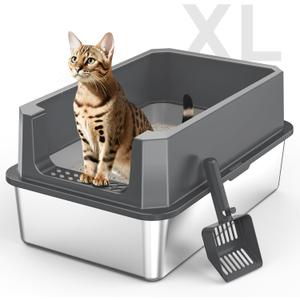 Stainless Steel Litter Box, Extra Large Litter Boxes for Big Cats, XLarge Metal Cat Litter Box with Lid, Anti-Urine Leakage XL Box with High Sides, Easy Clean, Non-Sticky, Scoop Included (Dark Grey)