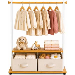 BAMBOOHOMIE Kids Clothing Rack with 2 Storage Bins, Bamboo Toddler Dress Up Rack with Adjustable Rods & Bottom Shelves, Baby Clothes Garment Rack for Nursery Bedroom Playroom (White)