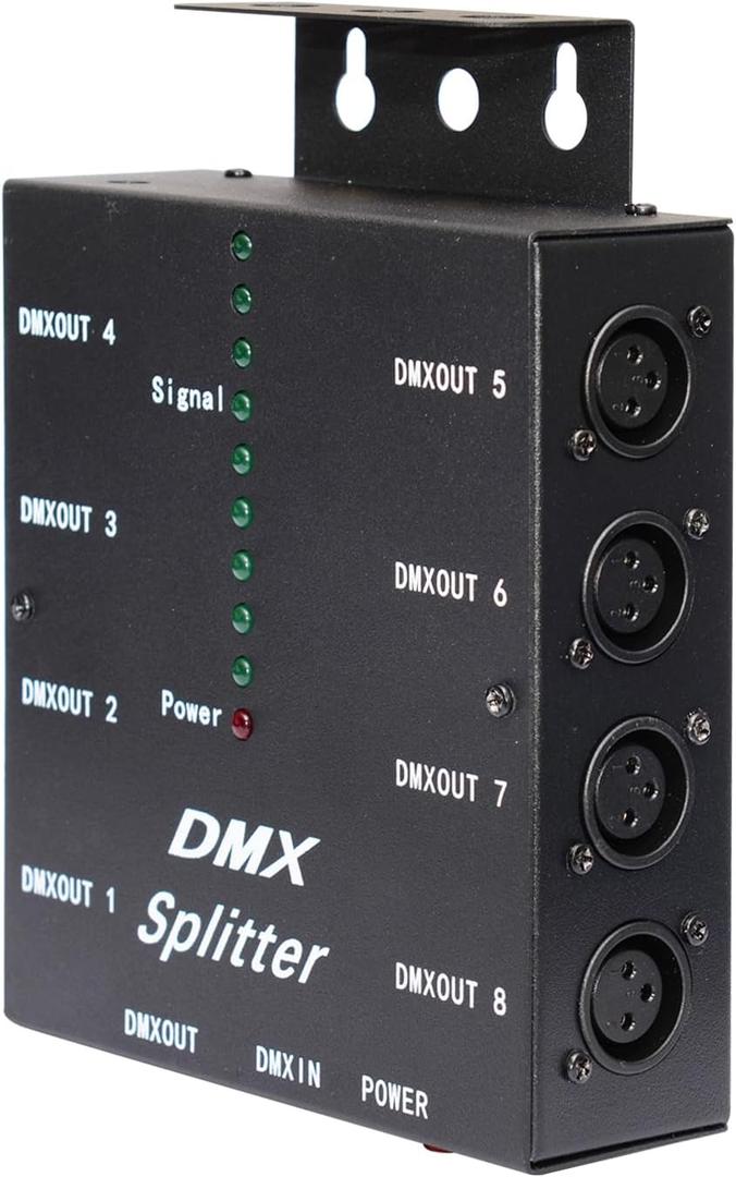 DMX Splitter, 1 Input 8 Output DMX512 LED Signal Distributor with Signal Indicators, Black (DMX512-SPlitter Iron)