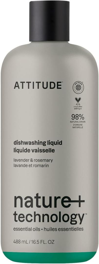 ATTITUDE Dish Soap, Infused with Essential Oils, Plant-Based Ingredients, EWG Verified, Great for Clean and Sparkling Dishes, Vegan Dishwashing Liquid, Lavender & Rosemary, 16.5 Fl Oz