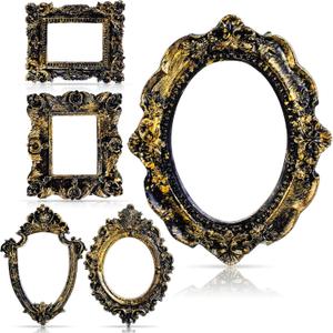 5 Pcs Vintage Mini Picture Frames Small Antique Resin Photo Frame Wall Hanging for DIY Jewelry Display Photography Christmas Photo Holiday Party Decoration (Gold and Black)