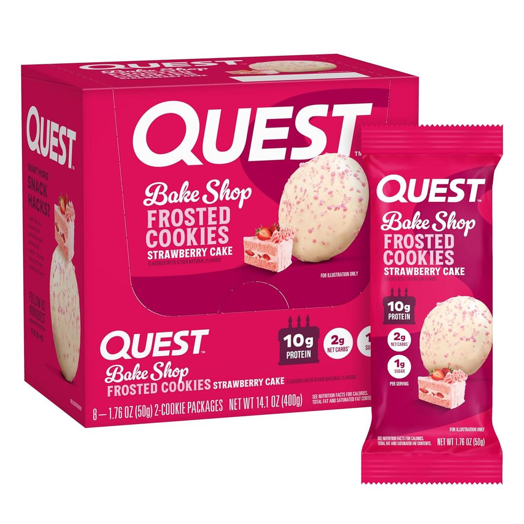 Quest Nutrition Frosted Cookies Twin Pack, Strawberry Cake, 1g Sugar, 10g Protein, 2g Net Carbs, Gluten Free, 16 Cookies (EXP 07/27/26)