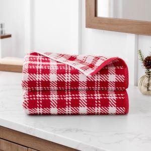 Martha Stewart Christmas Plaid Holiday Decor Jacquard 525 GSM 100% Cotton Hand Towels - Set of 2, Red/White, 2 Reversible Christmas Hand Towels