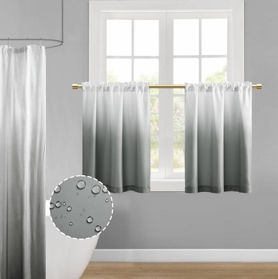 XTMYI Half Curtains for Windows Bathroom Decorative Ombre Design 80% Blackout Waterproof Blinds for Shower Window,34 x 30 Inch Length,Gray and White (Grey)
